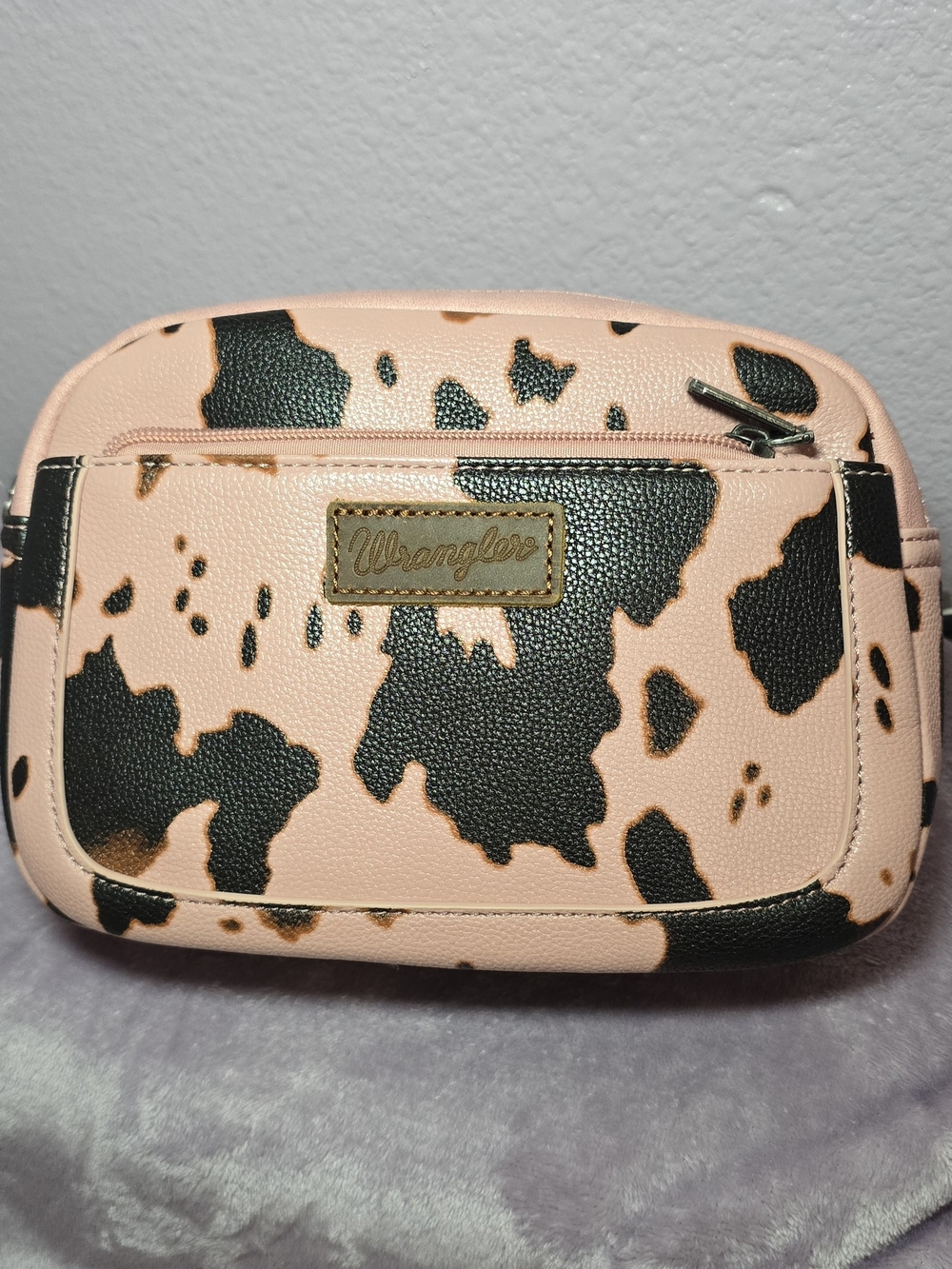 Wrangler Pink Cow-Print Cosmetic Pouch with Black Accents